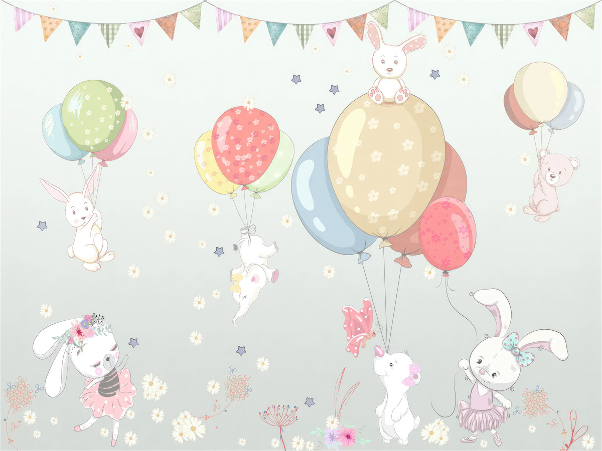 Fototapeten Kaninchen und Bären mit Luftballons