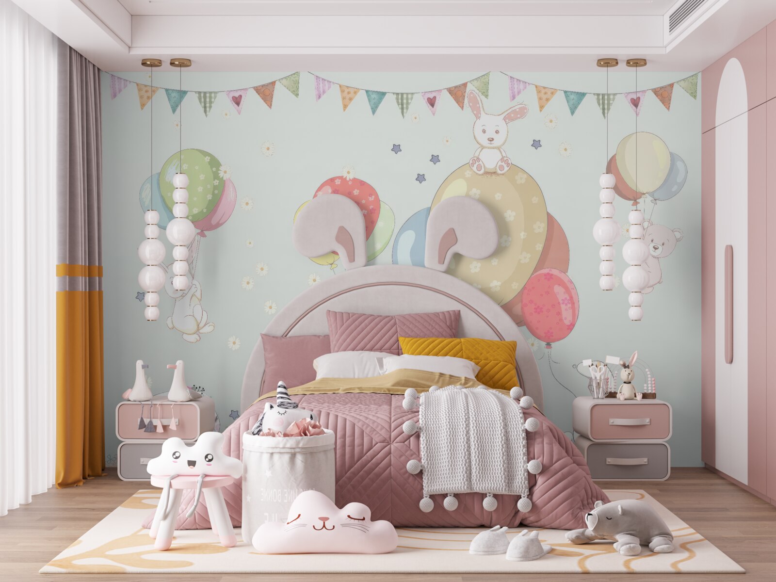 Fototapeten Kaninchen und Bären mit Luftballons