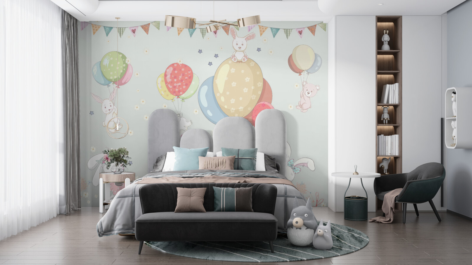 Fototapeten Kaninchen und Bären mit Luftballons