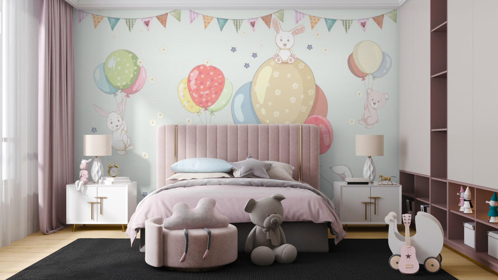 Fototapeten Kaninchen und Bären mit Luftballons