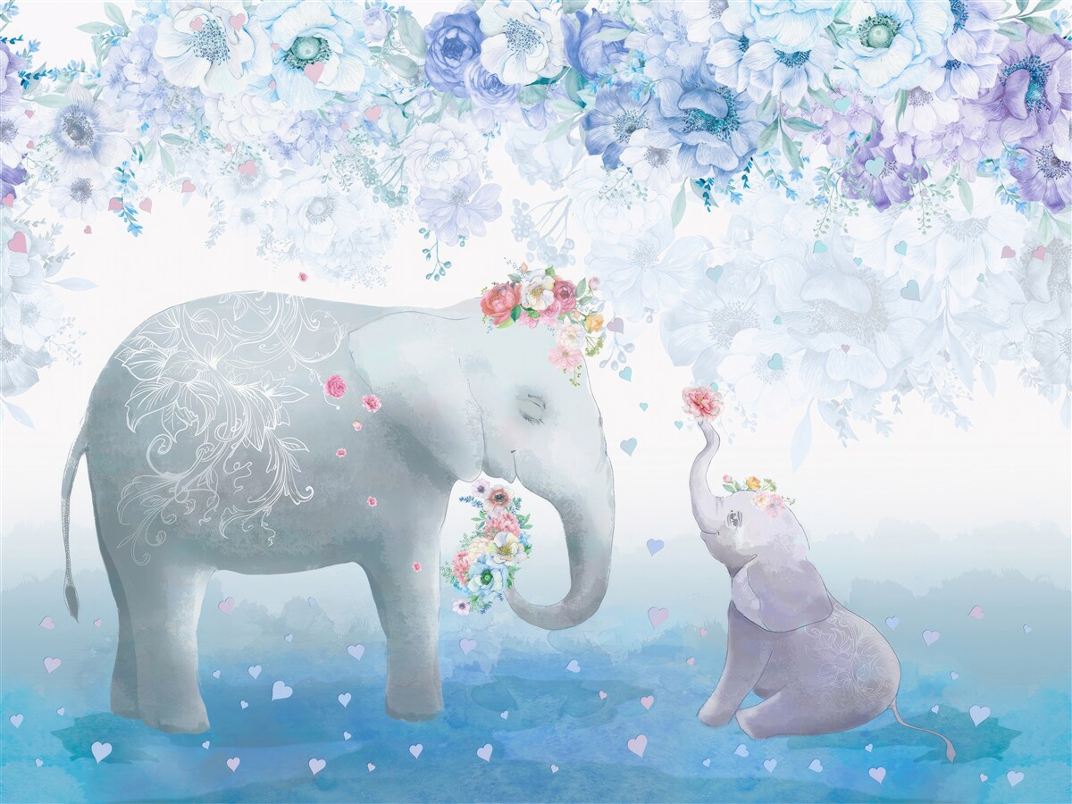 Fototapeten Elefant mit einem Kind unter Blumen