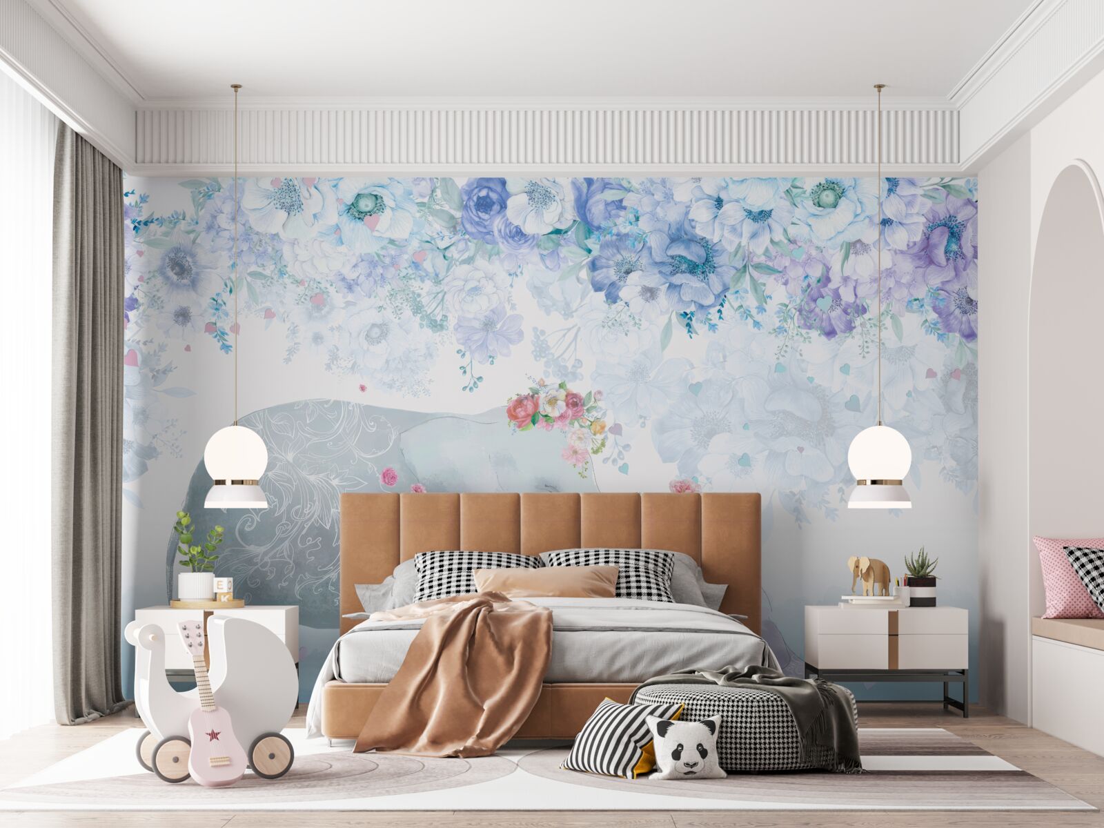 Fototapeten Elefant mit einem Kind unter Blumen