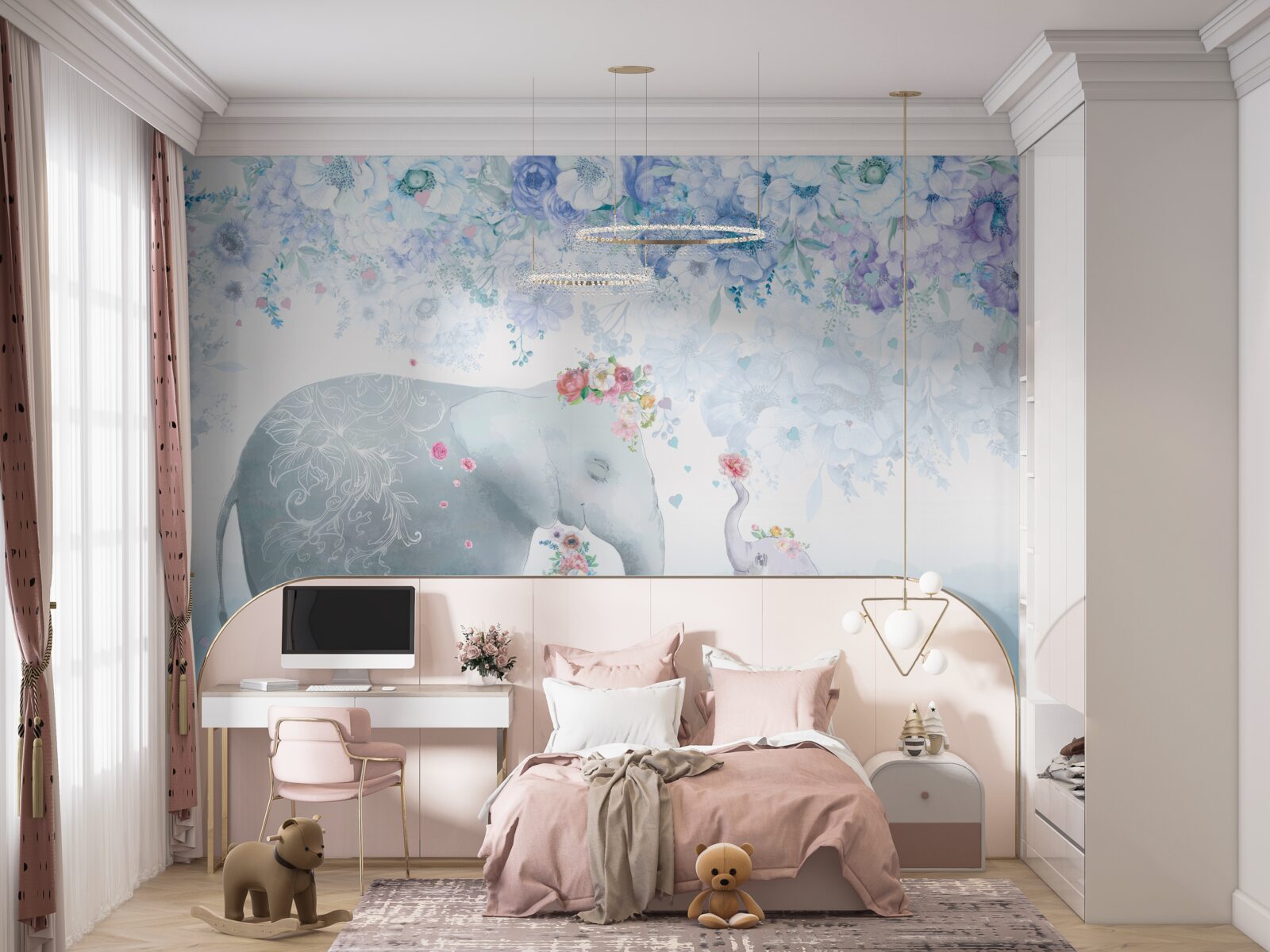 Fototapeten Elefant mit einem Kind unter Blumen
