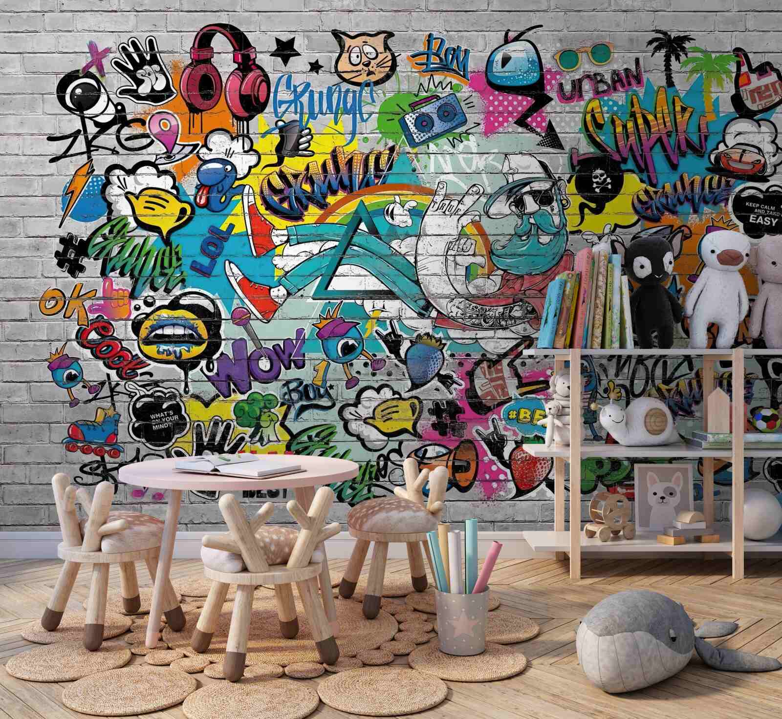 Fototapeten Ziegelmauer mit leichten Graffiti dekoriert