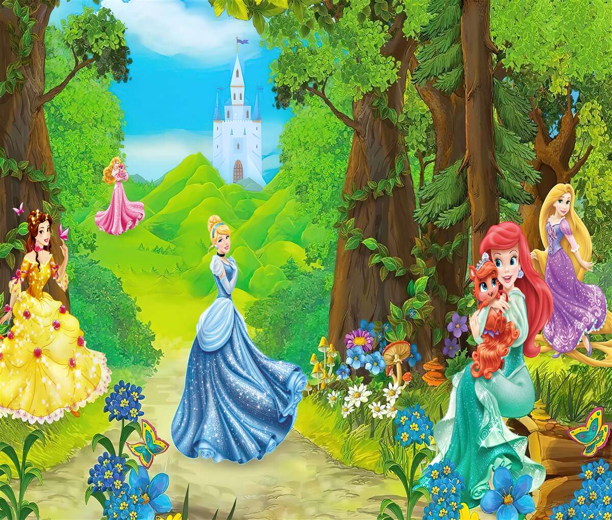Fototapeten Disney -Cartoon -Prinzessinnen gehen im Wald
