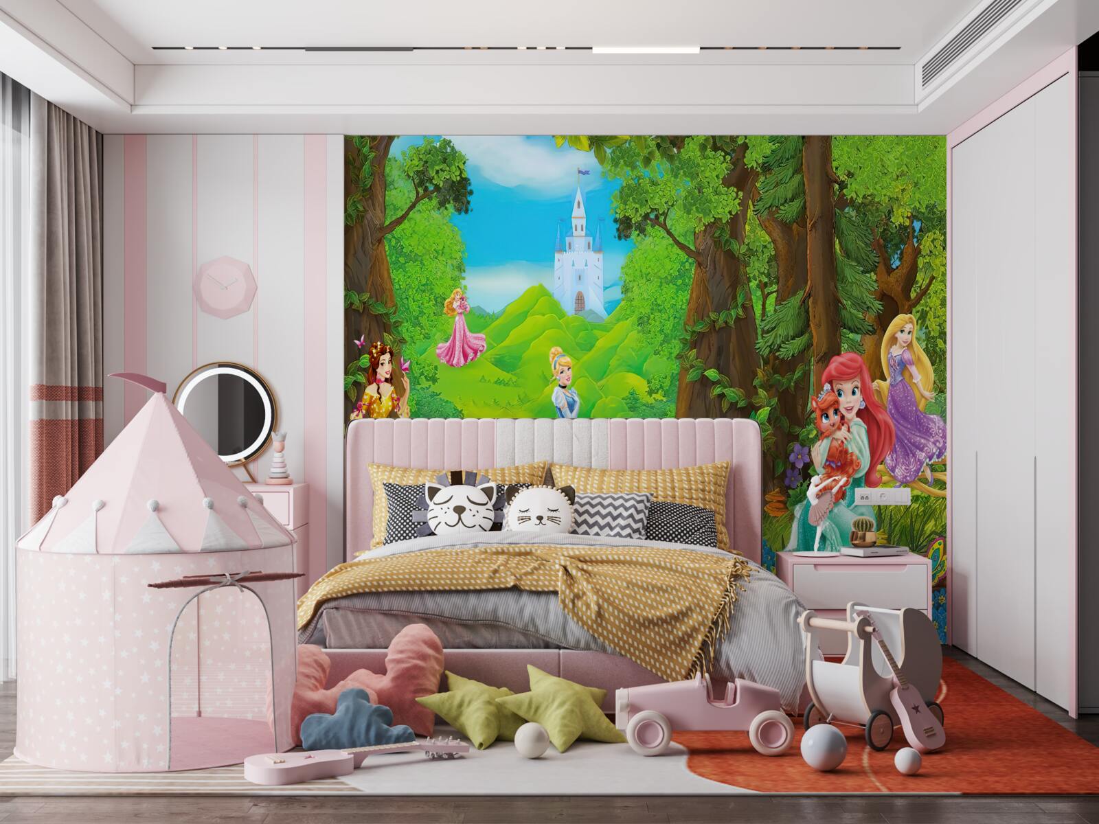 Fototapeten Disney -Cartoon -Prinzessinnen gehen im Wald