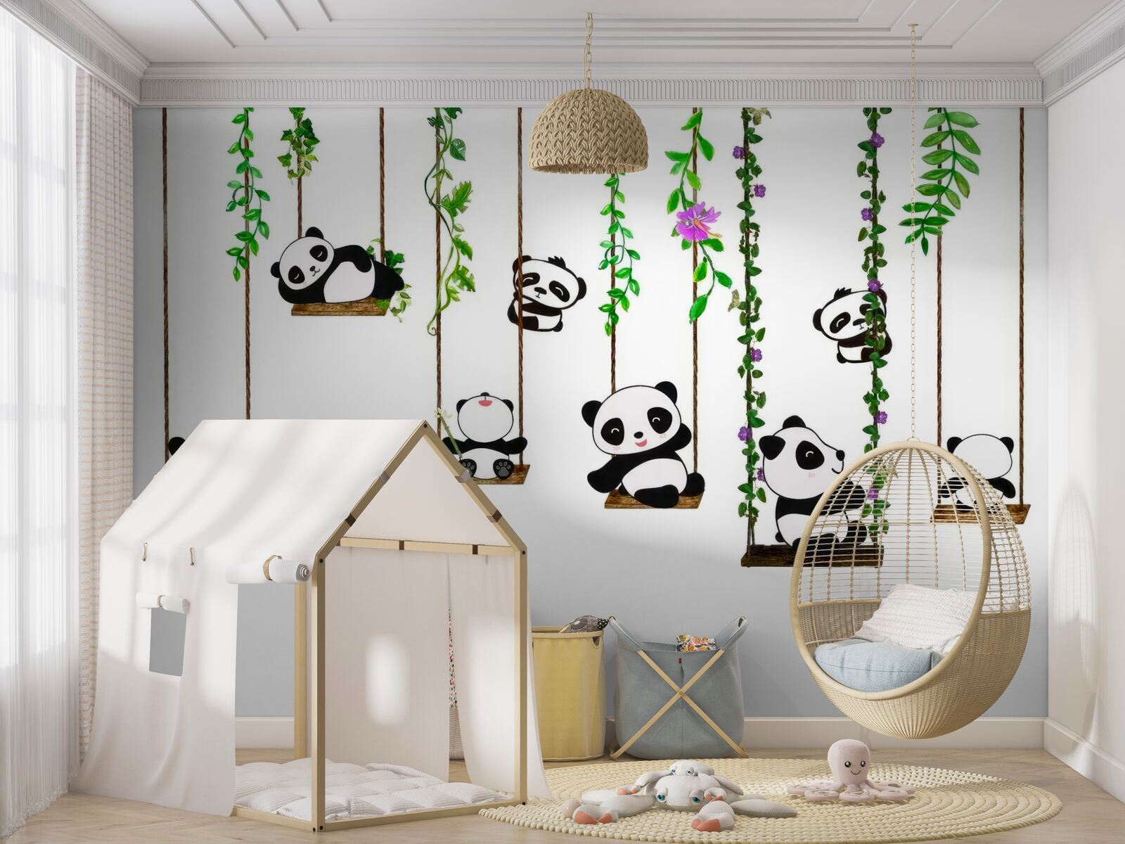 Fototapeten Eine grüne Schaukel schwankt Happy Pandas