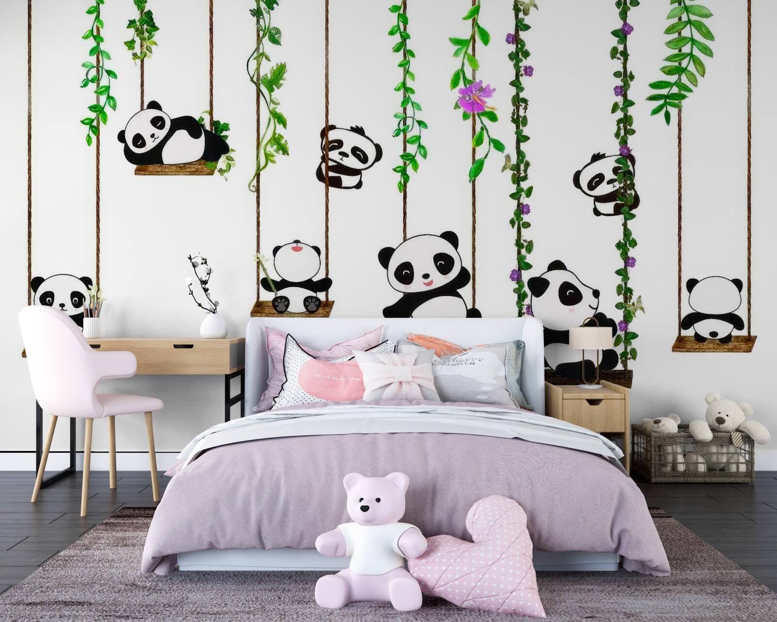 Fototapeten Eine grüne Schaukel schwankt Happy Pandas