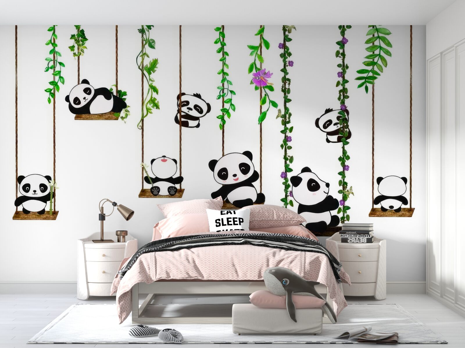 Fototapeten Eine grüne Schaukel schwankt Happy Pandas