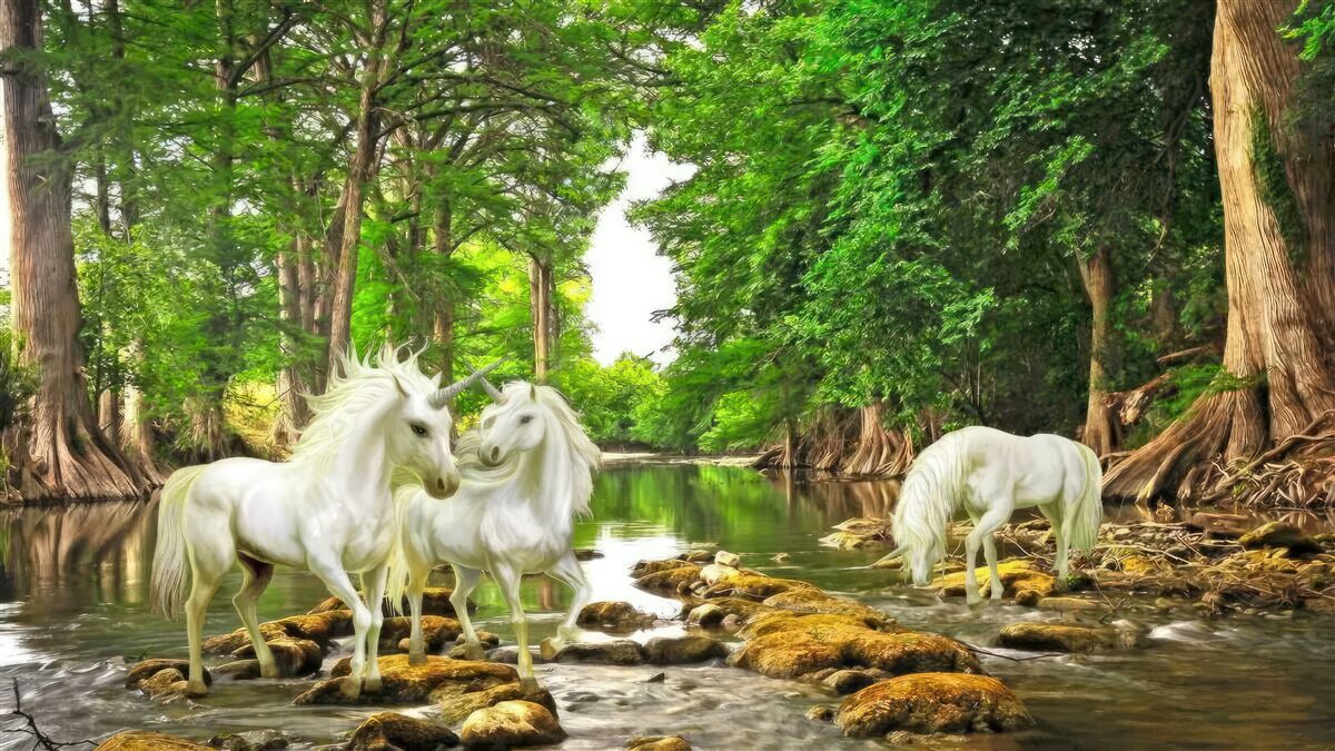 Fototapeten Es gibt drei leichte Pegasen im Wald am Wasser