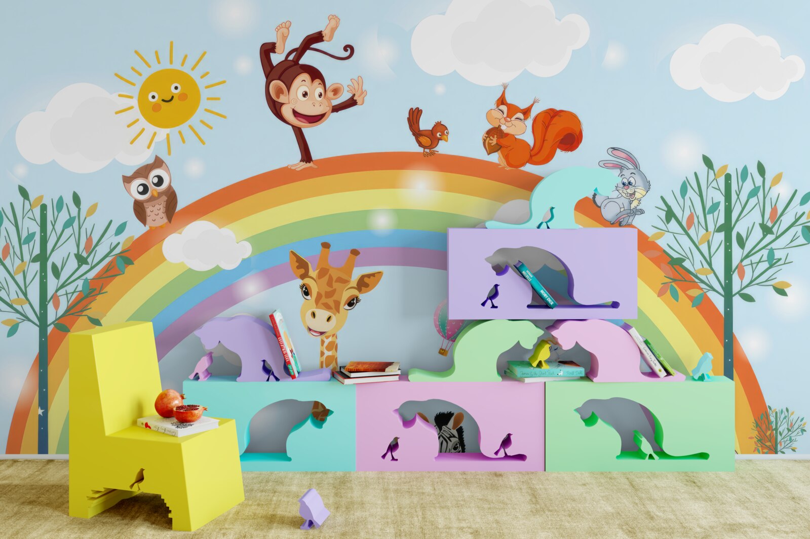 Fototapeten Tiere vor dem Hintergrund des Regenbogens