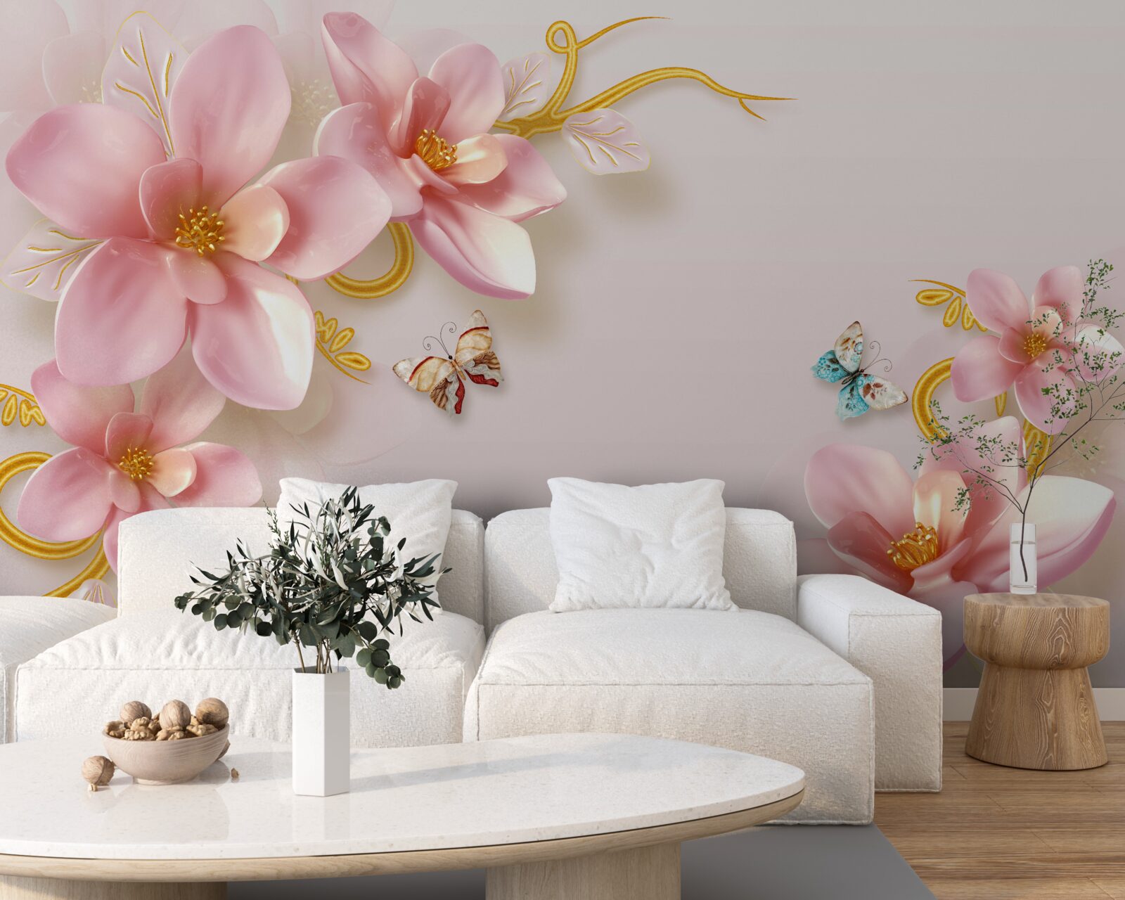 Fototapeten Schmetterlinge zirkulieren um rosa Blumen