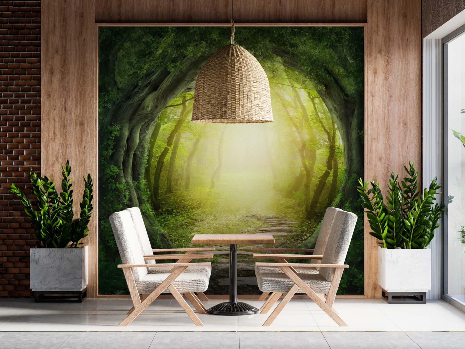 Fototapeten Landschaft mit einem grünen Wald