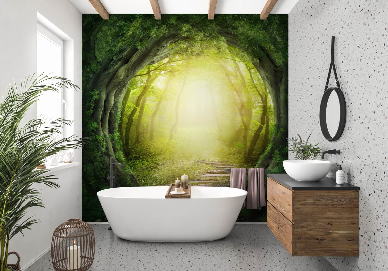 Fototapeten Landschaft mit einem grünen Wald