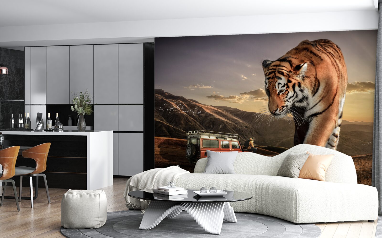 Fototapeten Ein großer Tiger beobachtet das Auto