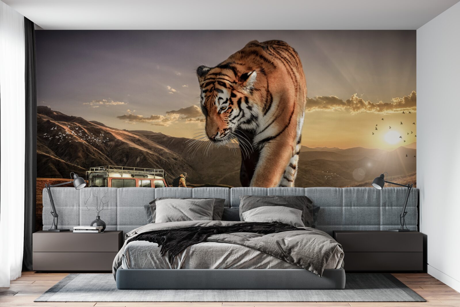 Fototapeten Ein großer Tiger beobachtet das Auto