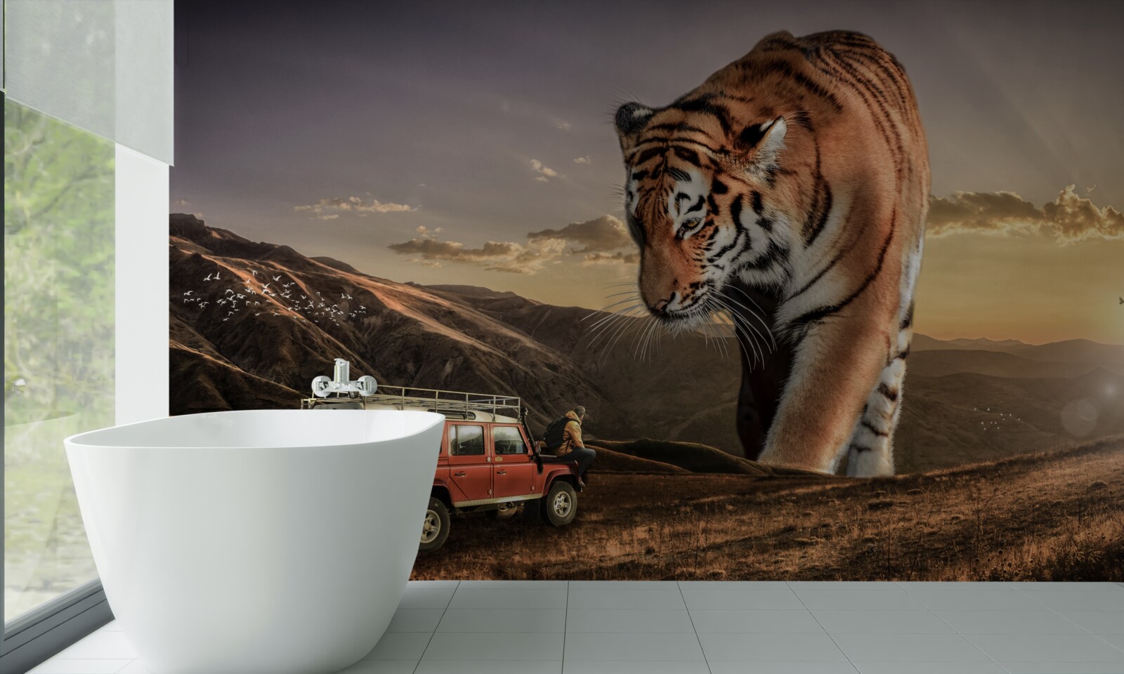 Fototapeten Ein großer Tiger beobachtet das Auto