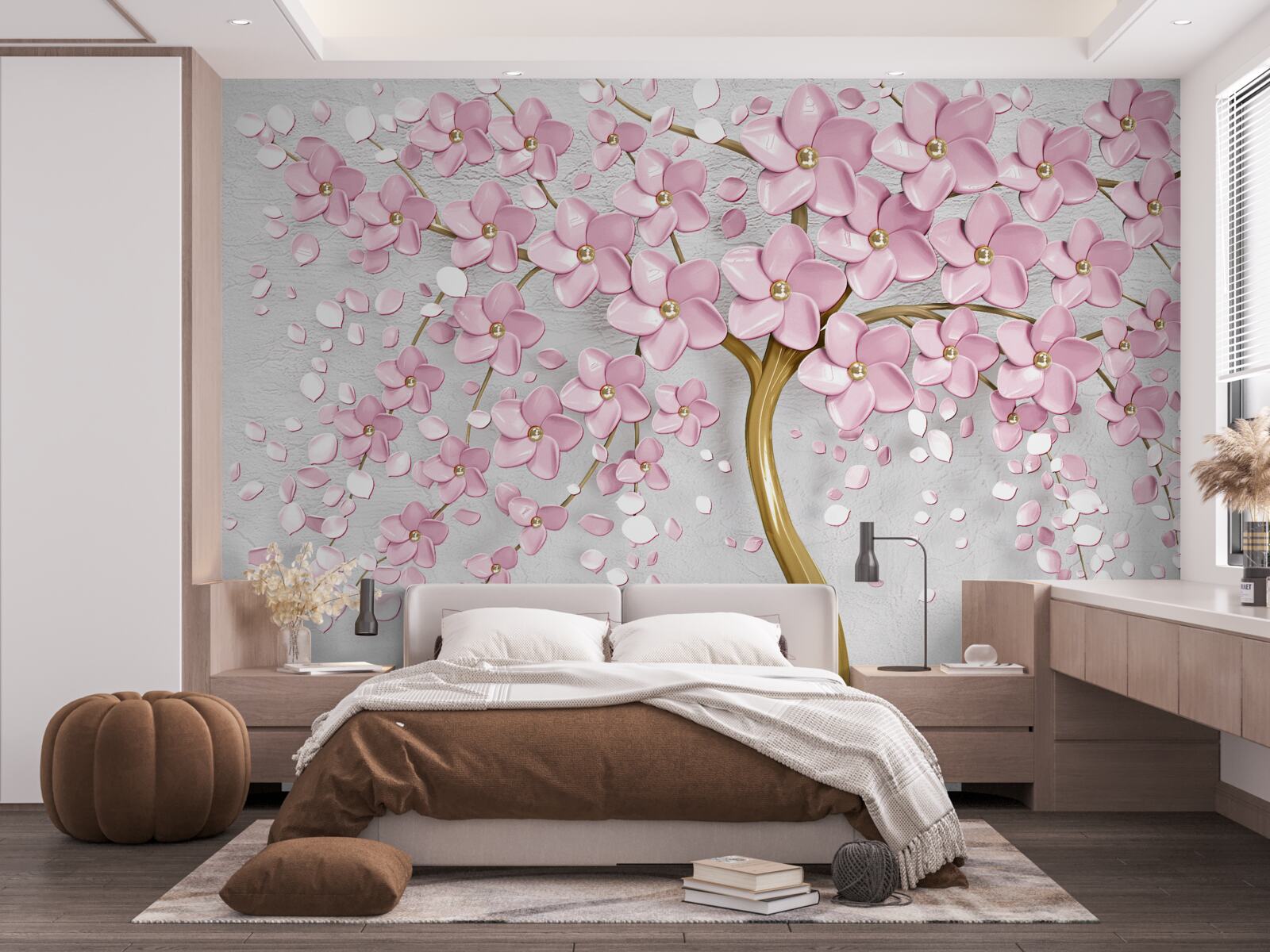 Fototapeten Ein Baum mit gekrümmten Kofferraum und rosa Blüten
