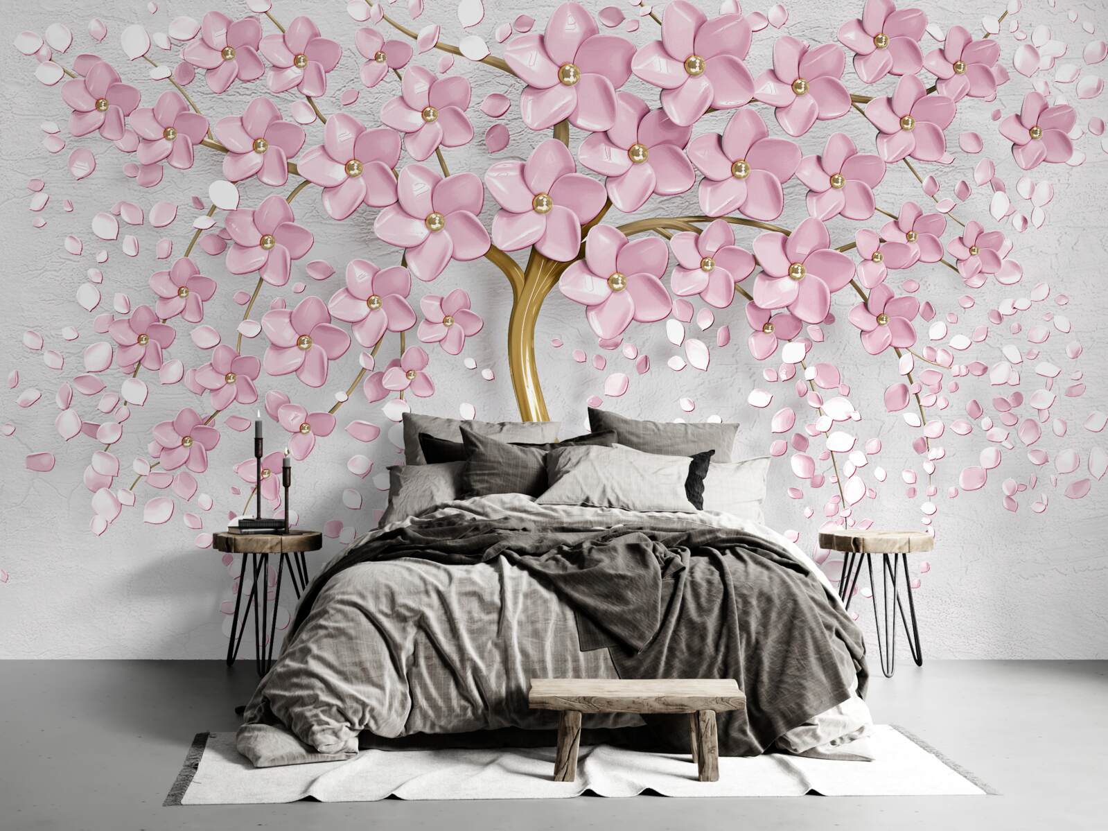 Fototapeten Ein Baum mit gekrümmten Kofferraum und rosa Blüten