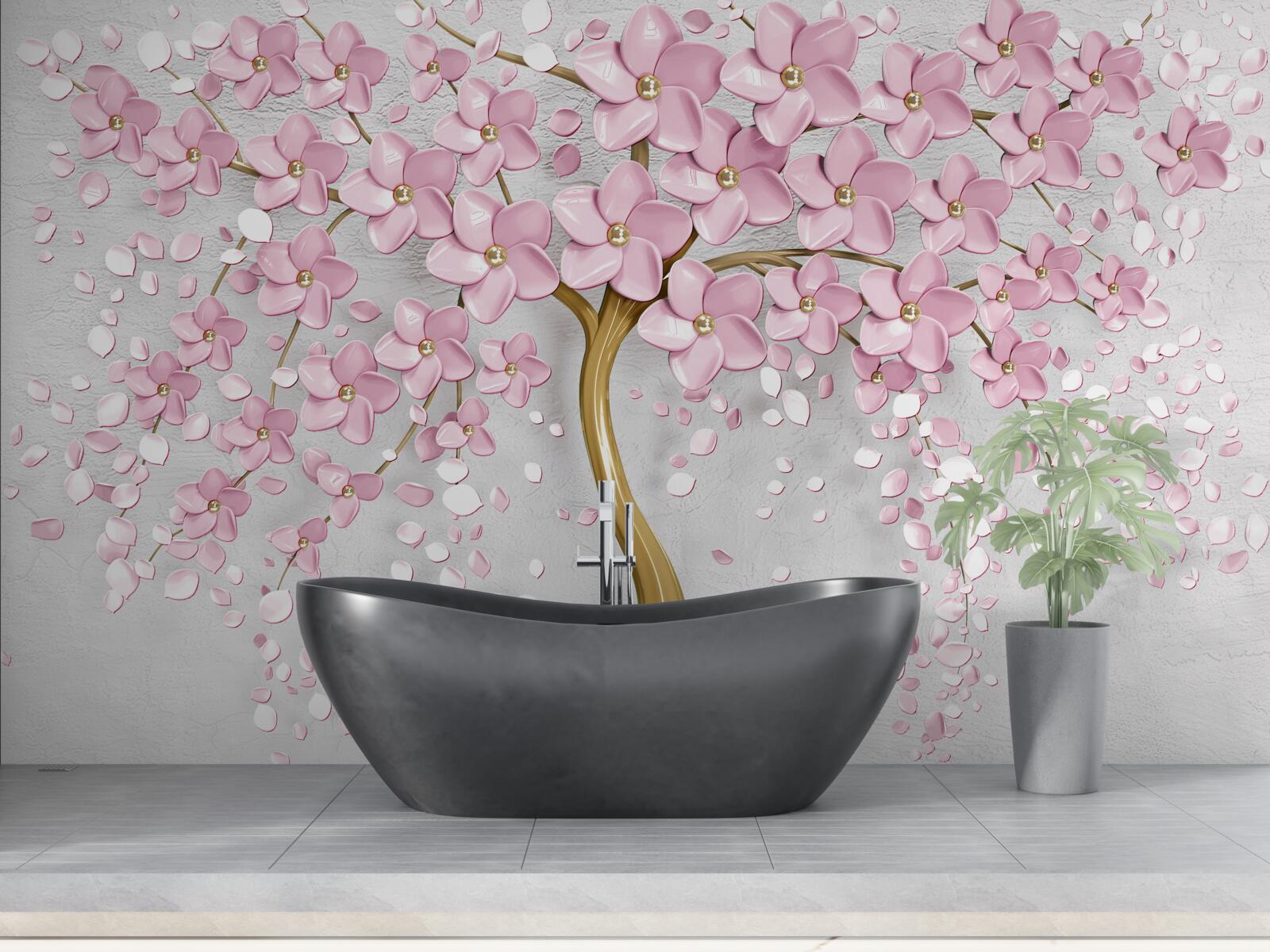 Fototapeten Ein Baum mit gekrümmten Kofferraum und rosa Blüten