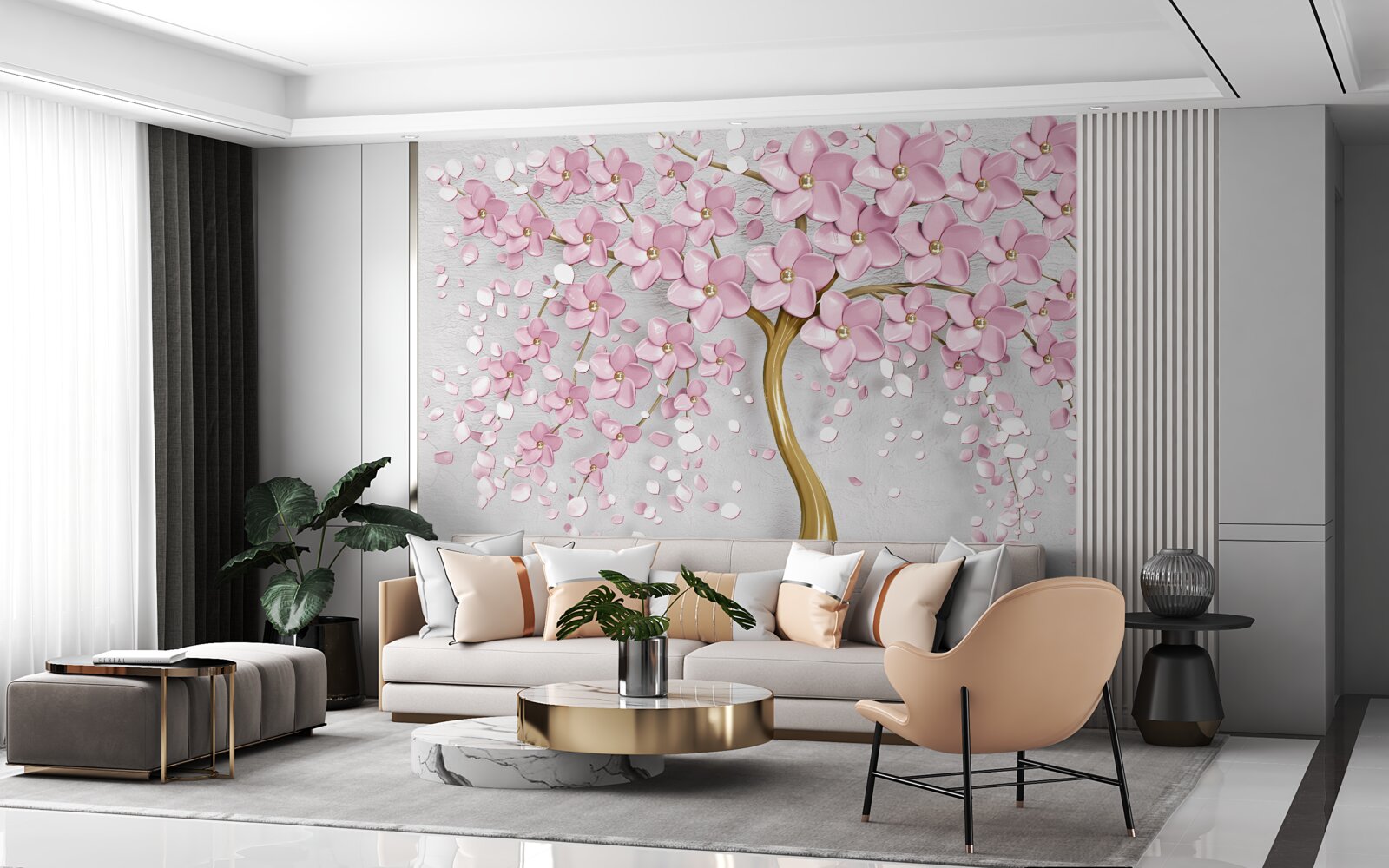 Fototapeten Ein Baum mit gekrümmten Kofferraum und rosa Blüten