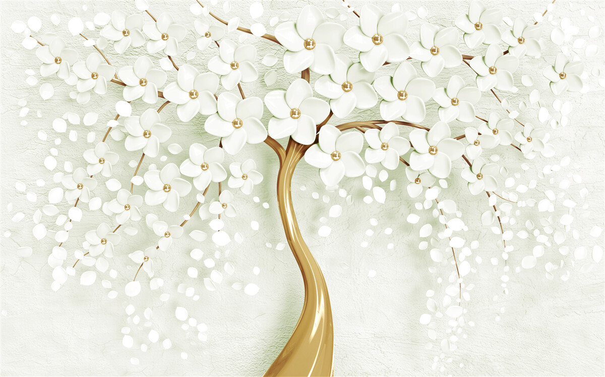 Fototapeten Ein Baum mit schneebedeckten Blumen im Sommer