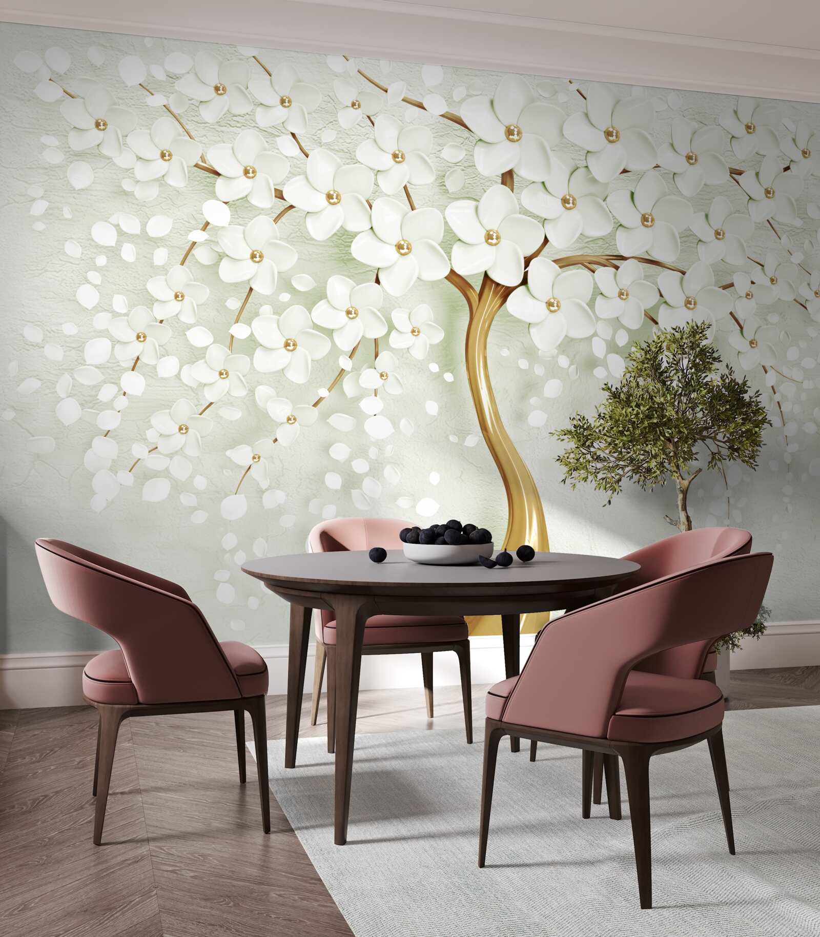 Fototapeten Ein Baum mit schneebedeckten Blumen im Sommer