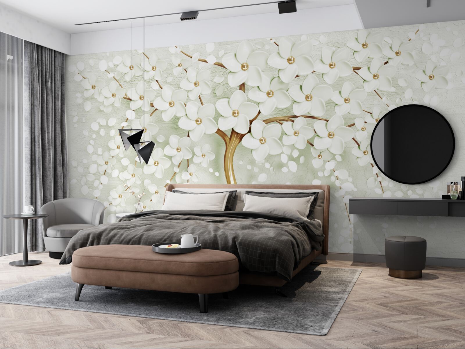 Fototapeten Ein Baum mit schneebedeckten Blumen im Sommer