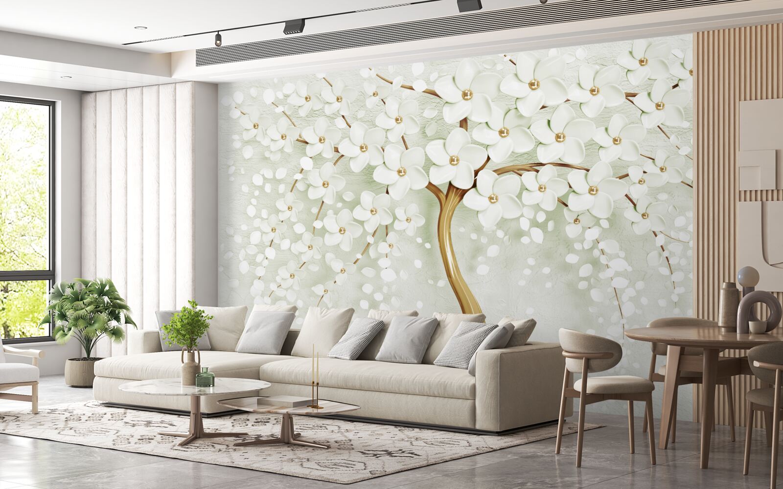 Fototapeten Ein Baum mit schneebedeckten Blumen im Sommer