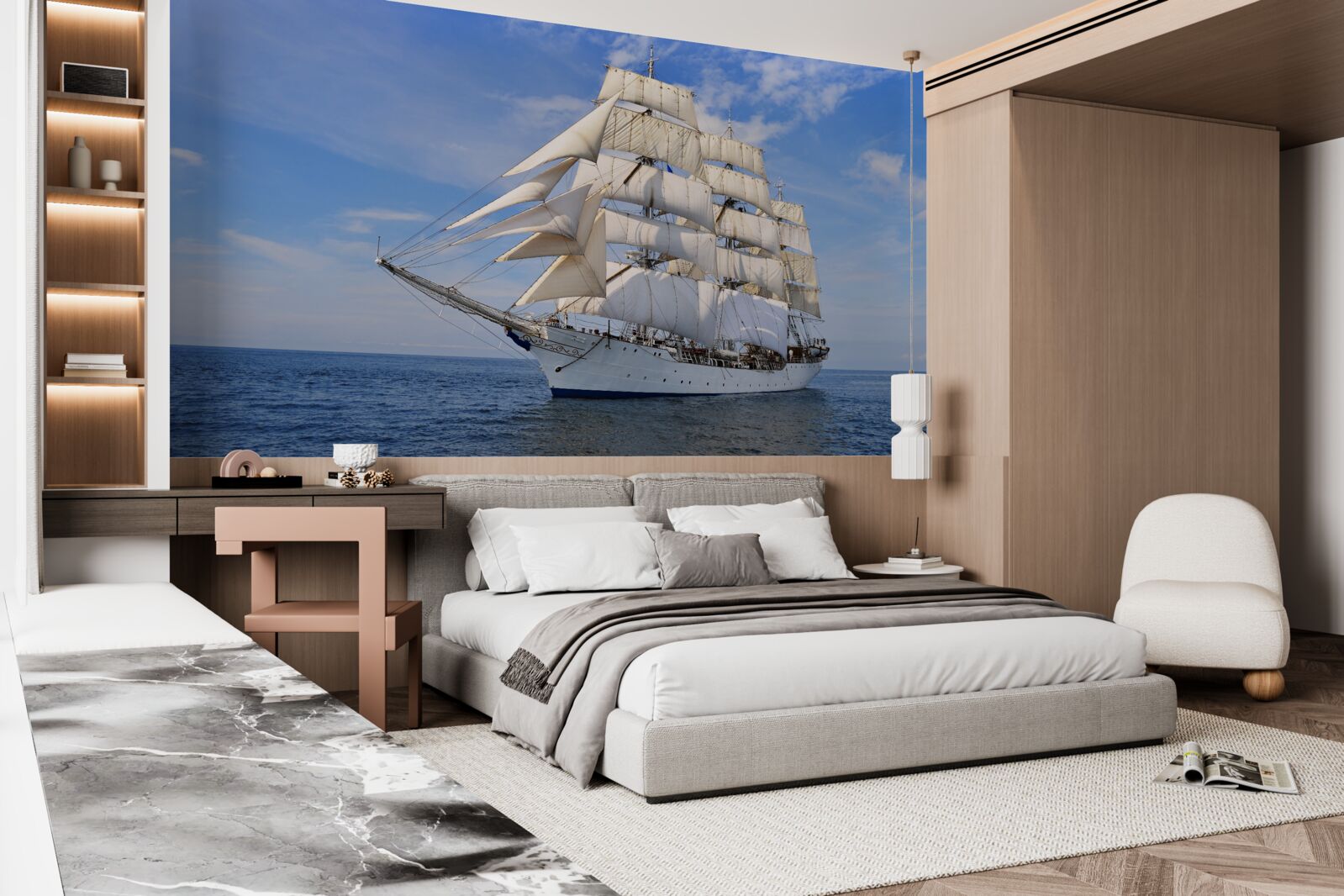 Fototapeten Weißes Schiff auf dem Wasser