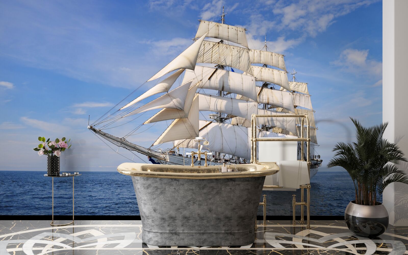 Fototapeten Weißes Schiff auf dem Wasser