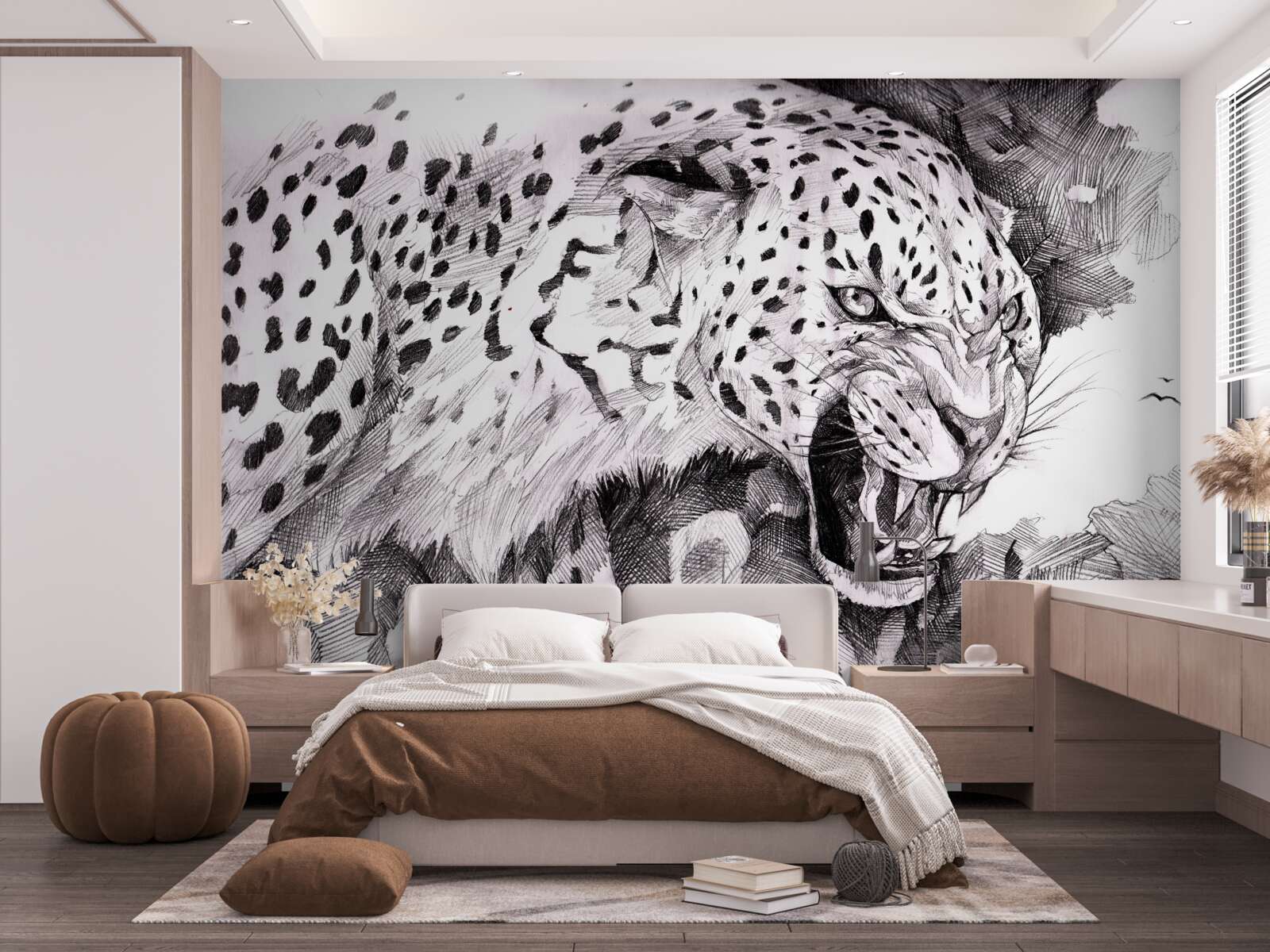 Fototapeten Aggressiver Leopard in Schwarz -Weiß -Farben