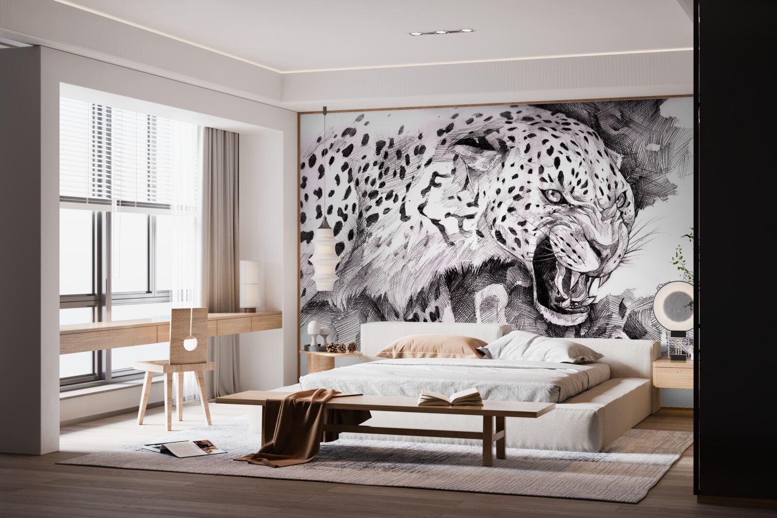 Fototapeten Aggressiver Leopard in Schwarz -Weiß -Farben
