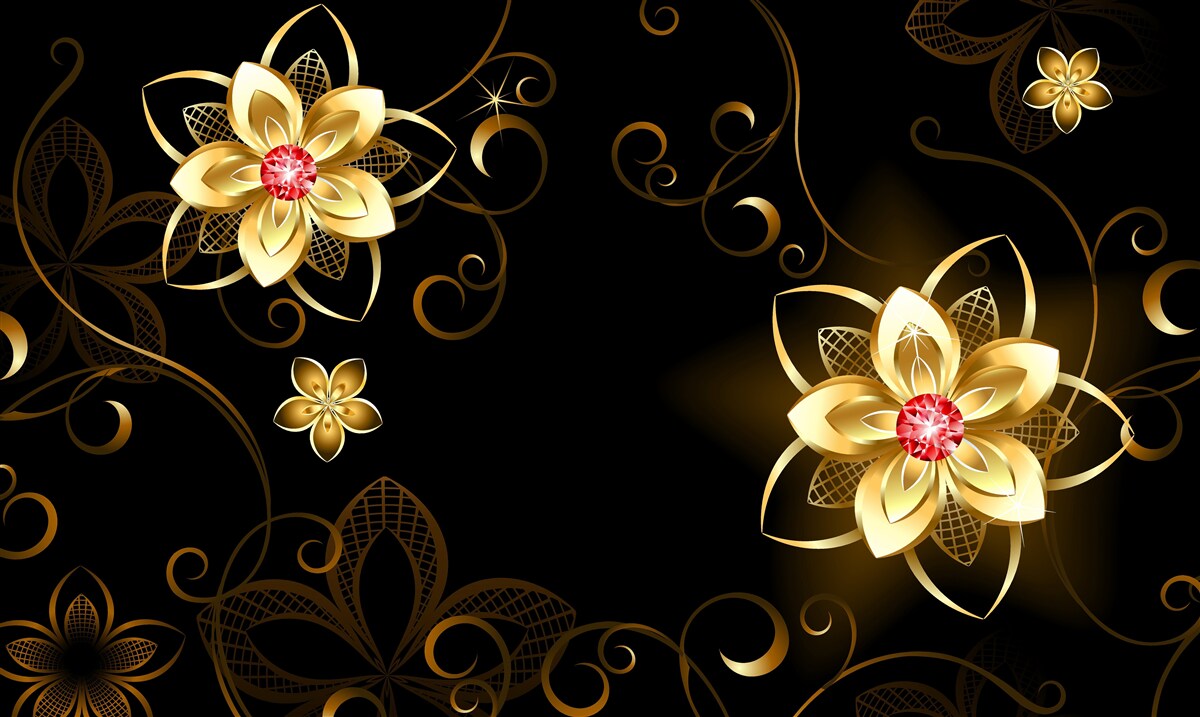 Fototapeten Goldene Blumen auf schwarzem Hintergrund