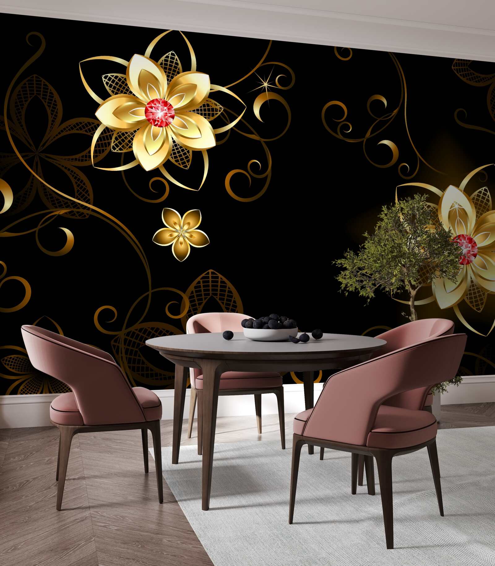 Fototapeten Goldene Blumen auf schwarzem Hintergrund