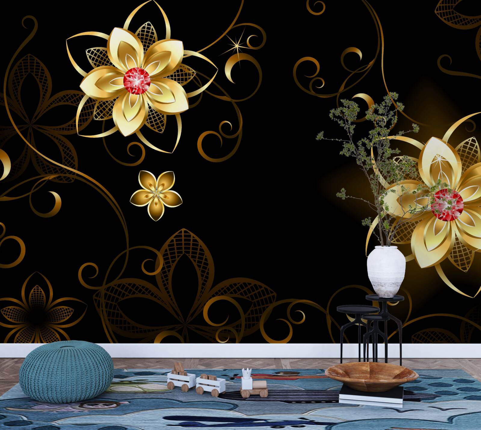 Fototapeten Goldene Blumen auf schwarzem Hintergrund