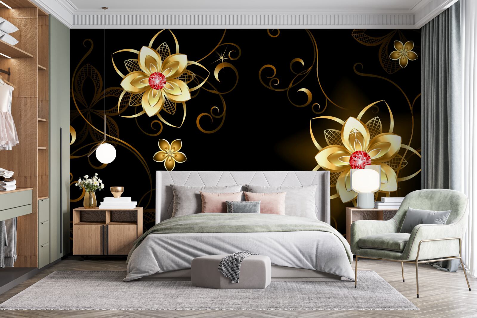 Fototapeten Goldene Blumen auf schwarzem Hintergrund