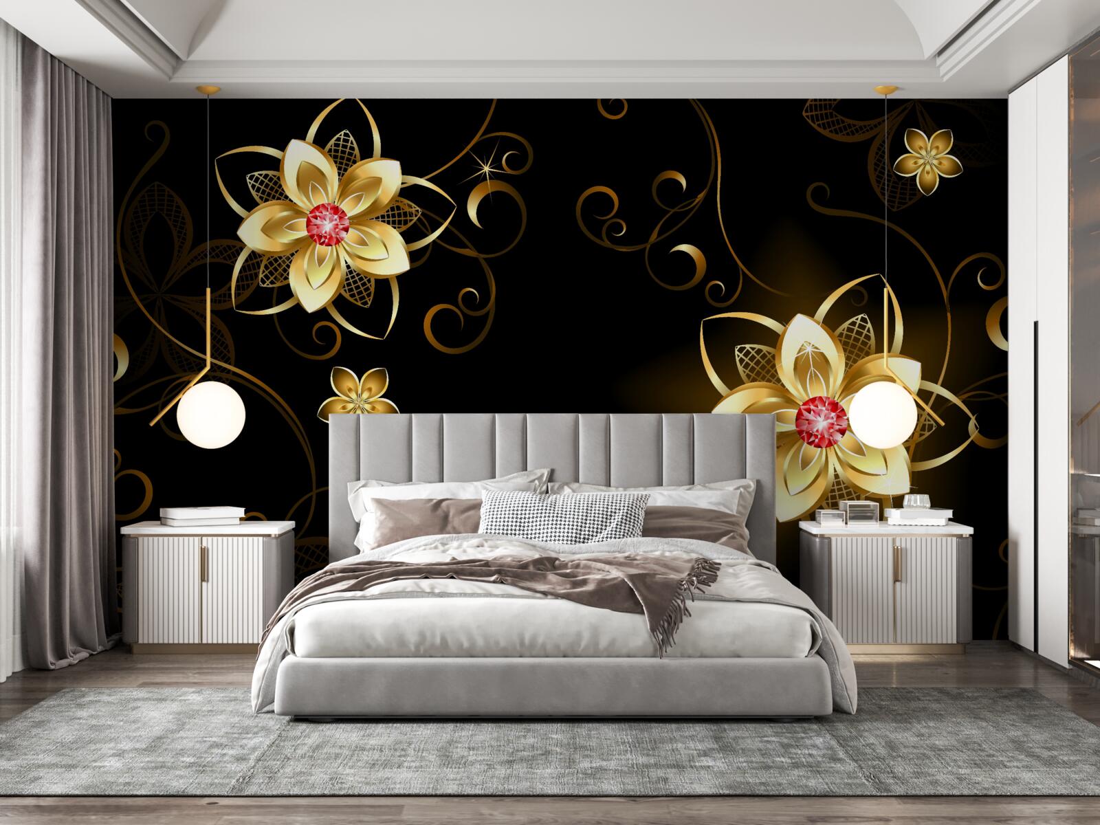 Fototapeten Goldene Blumen auf schwarzem Hintergrund