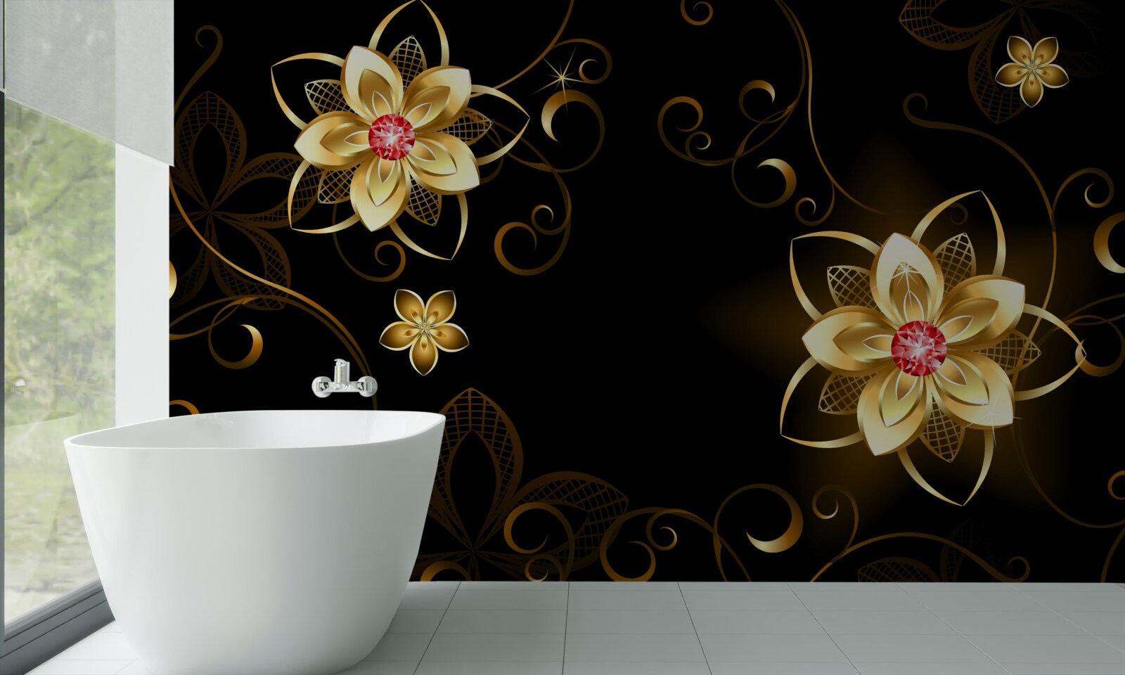Fototapeten Goldene Blumen auf schwarzem Hintergrund