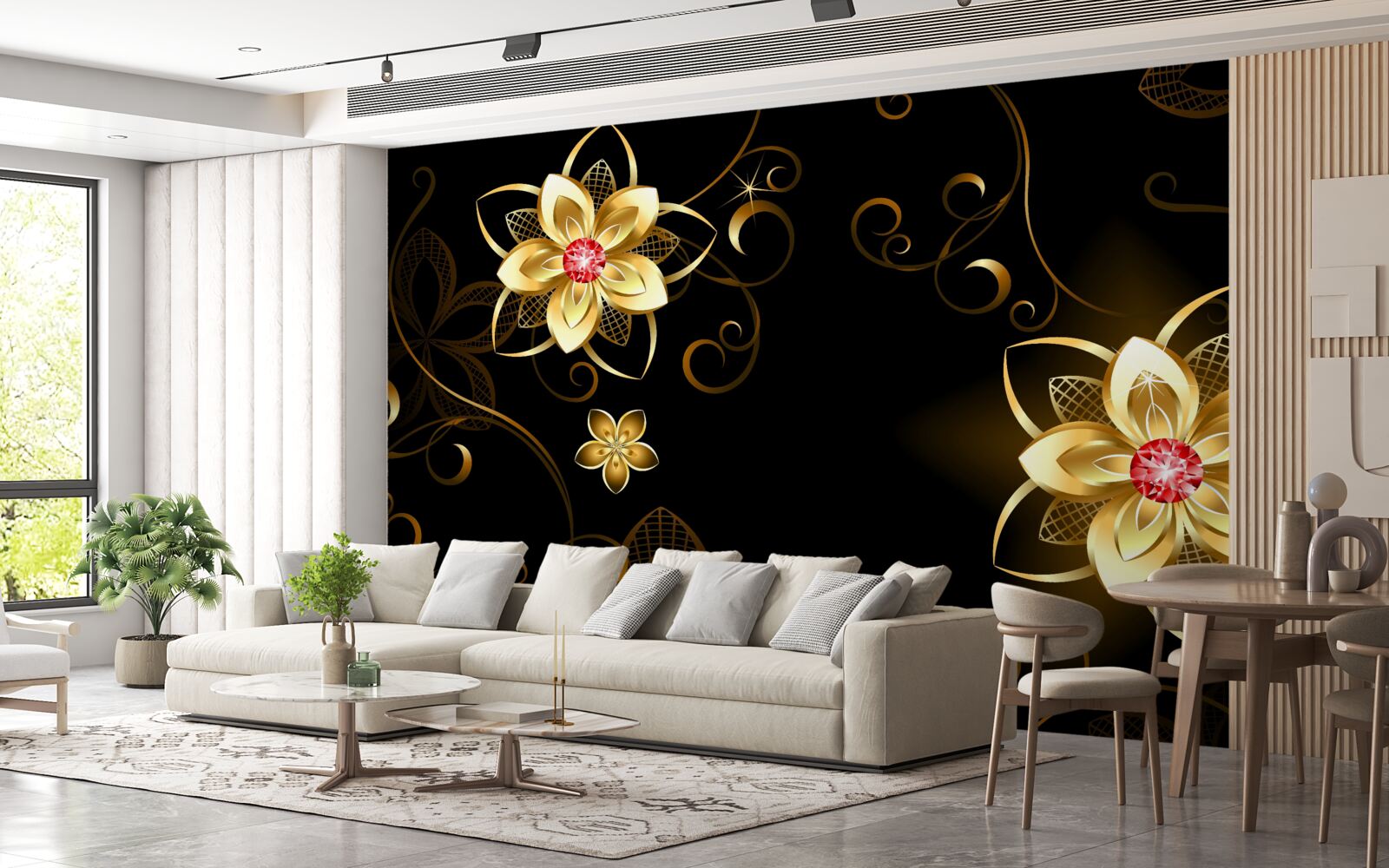 Fototapeten Goldene Blumen auf schwarzem Hintergrund