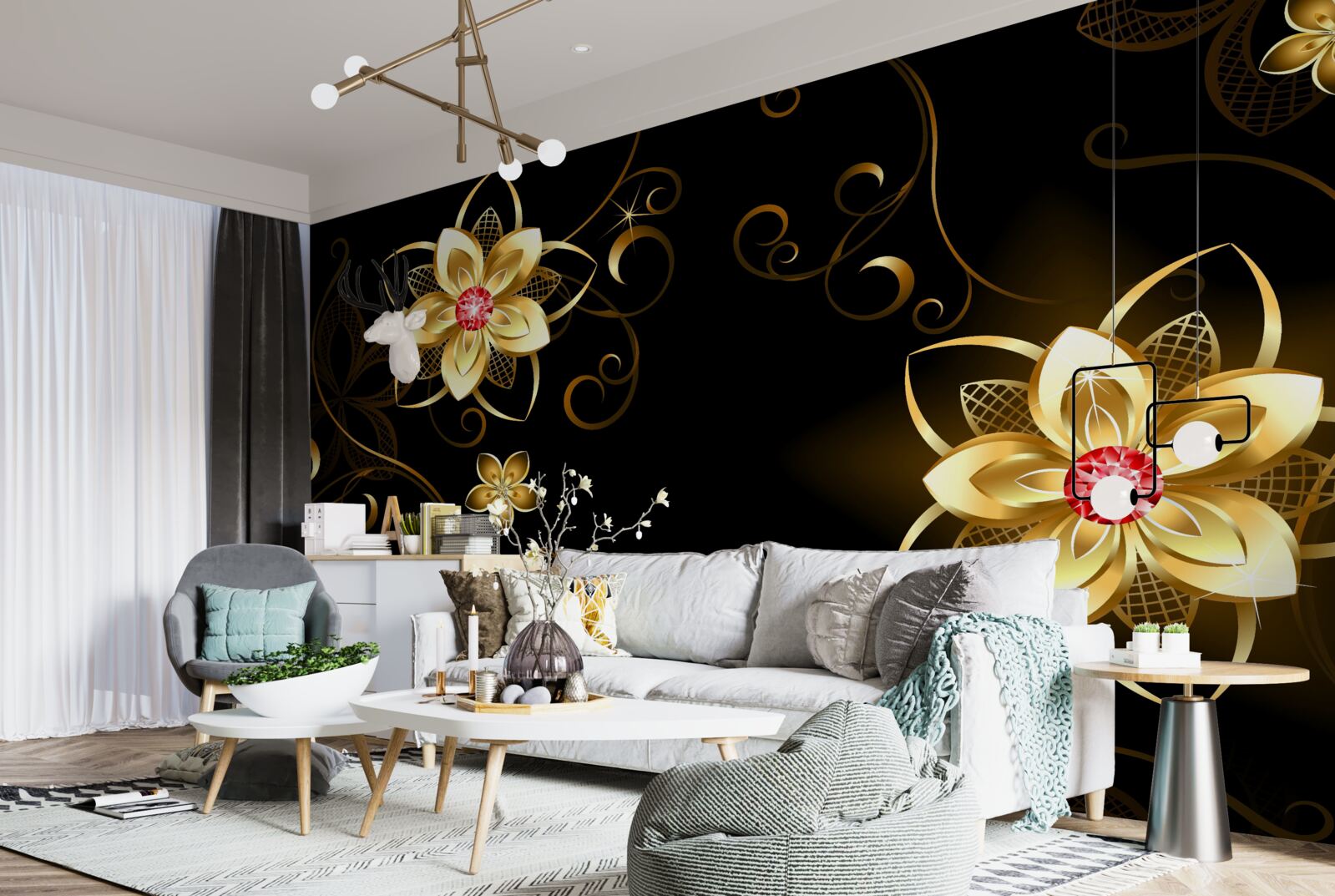 Fototapeten Goldene Blumen auf schwarzem Hintergrund
