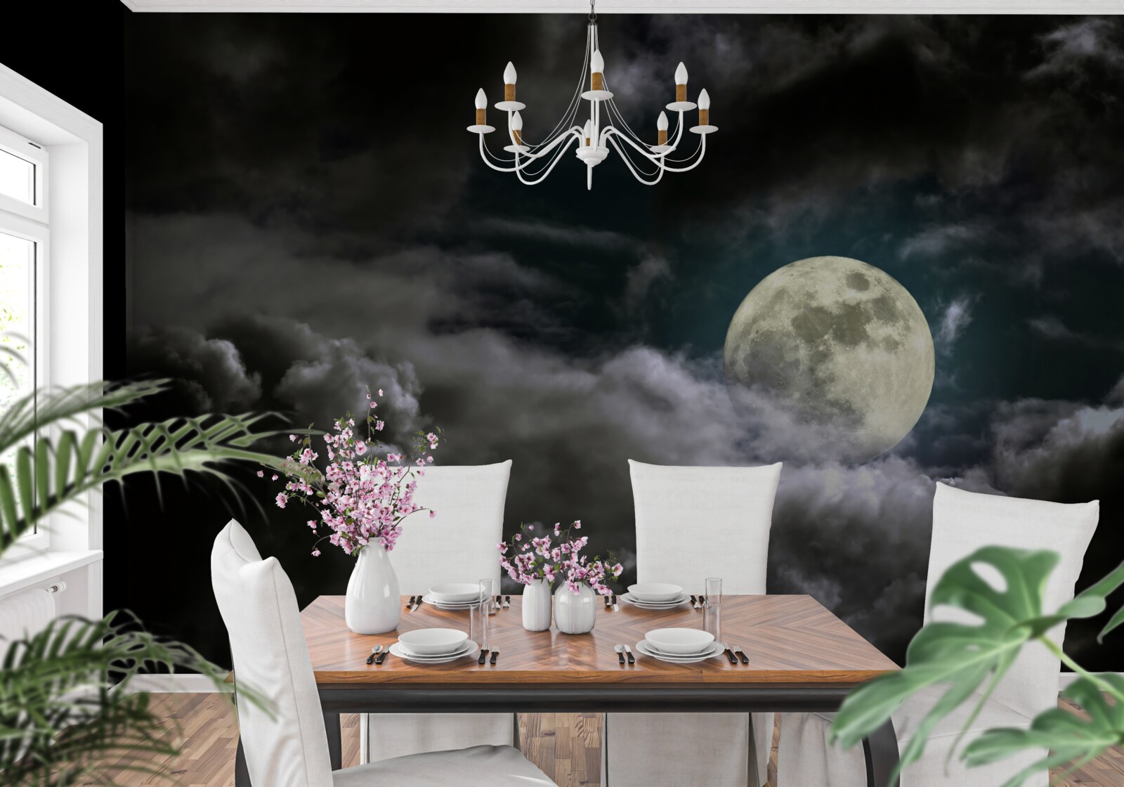 Fototapeten Heller Mond hinter den Wolken versteckt