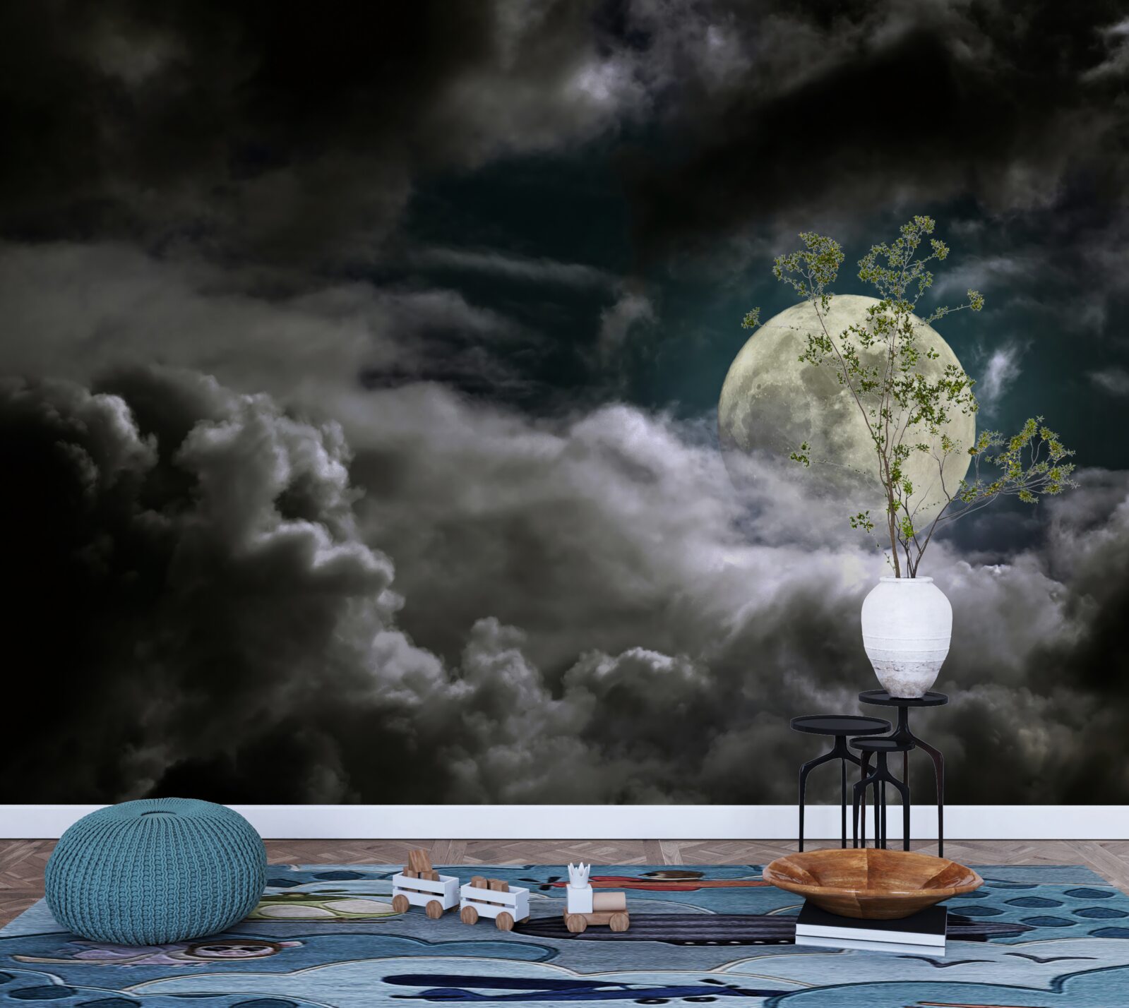 Fototapeten Heller Mond hinter den Wolken versteckt