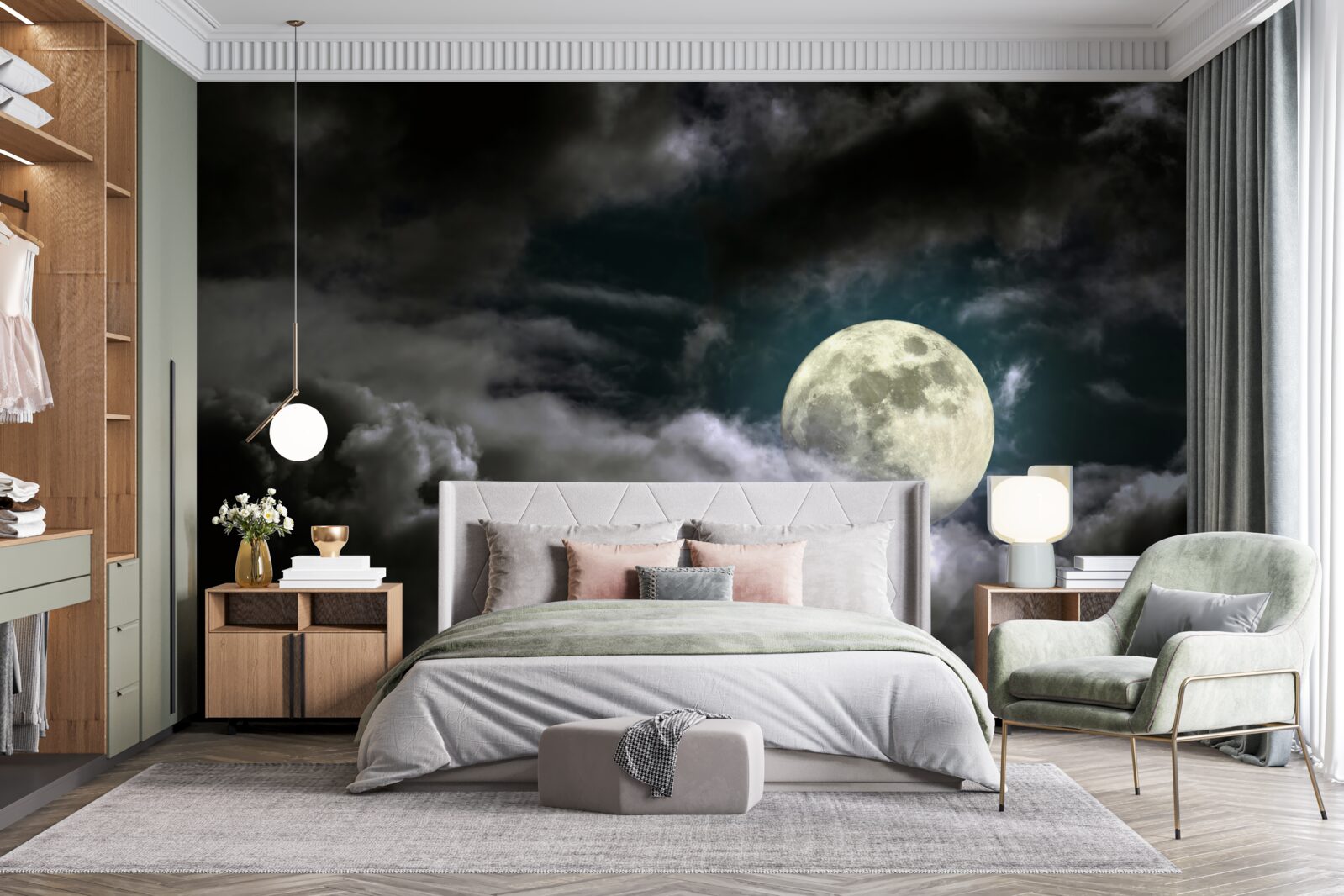 Fototapeten Heller Mond hinter den Wolken versteckt