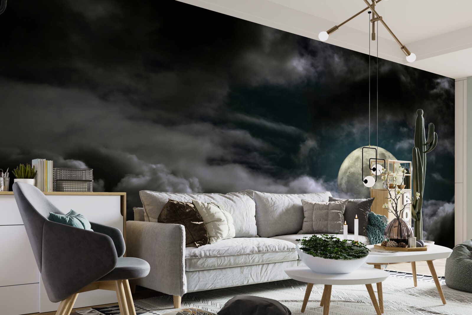 Fototapeten Heller Mond hinter den Wolken versteckt