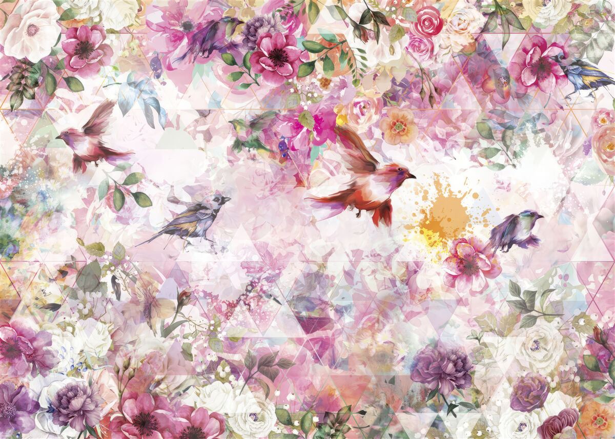 Fototapeten Hintergrund mit Blumen und Vögeln