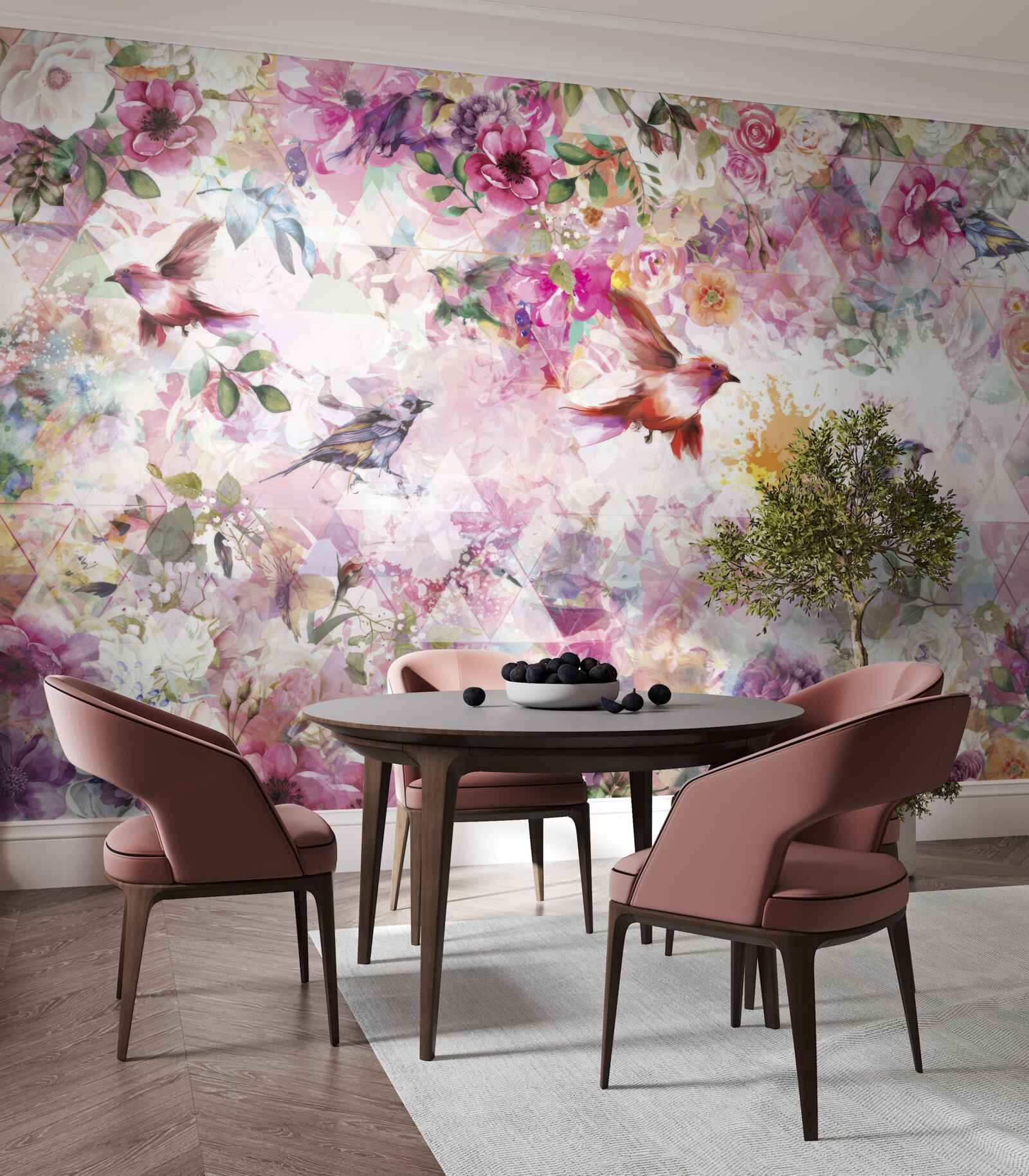 Fototapeten Hintergrund mit Blumen und Vögeln