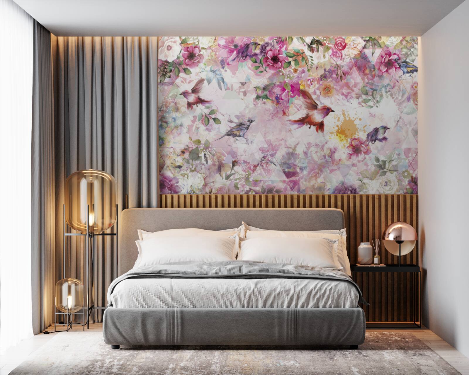 Fototapeten Hintergrund mit Blumen und Vögeln