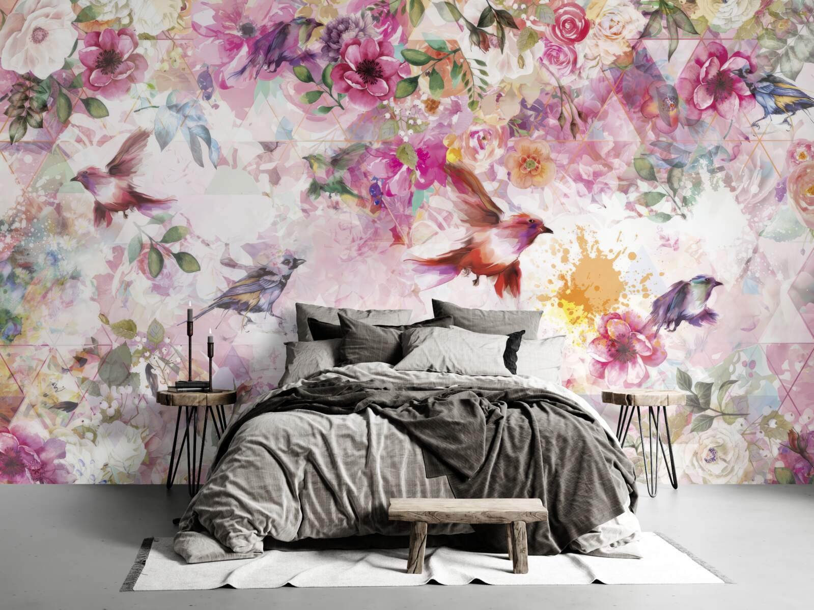 Fototapeten Hintergrund mit Blumen und Vögeln