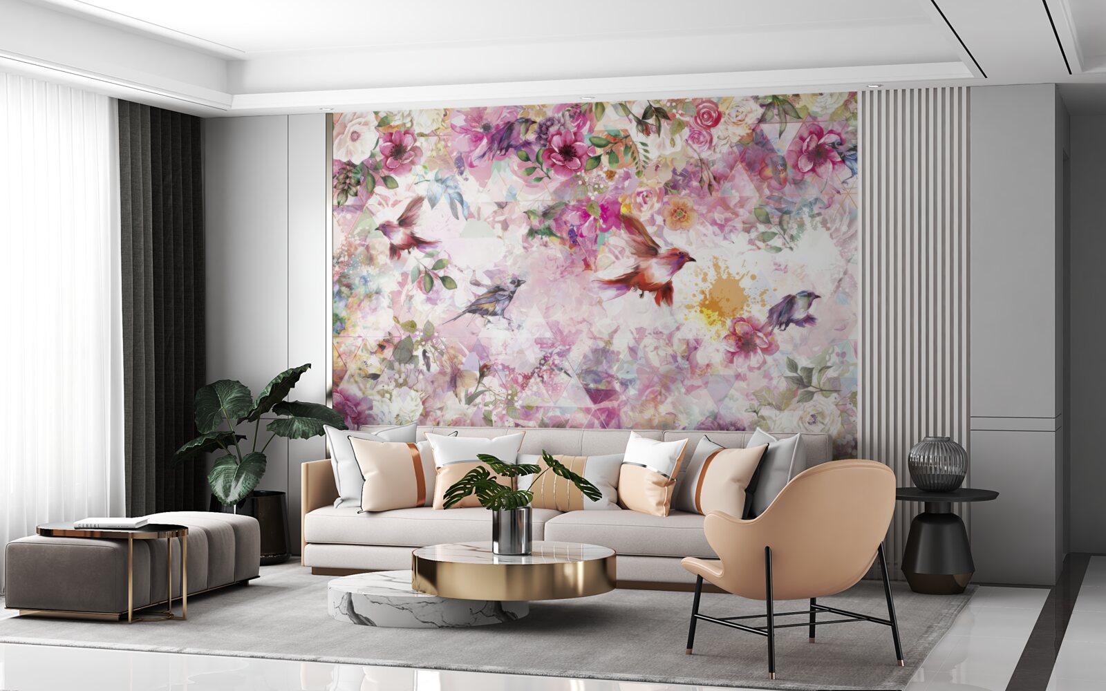 Fototapeten Hintergrund mit Blumen und Vögeln